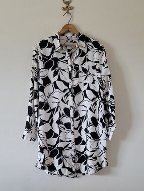 Cynthia Rowley Black White Floral Linen Rayon Shirt Shift Dress Size Large